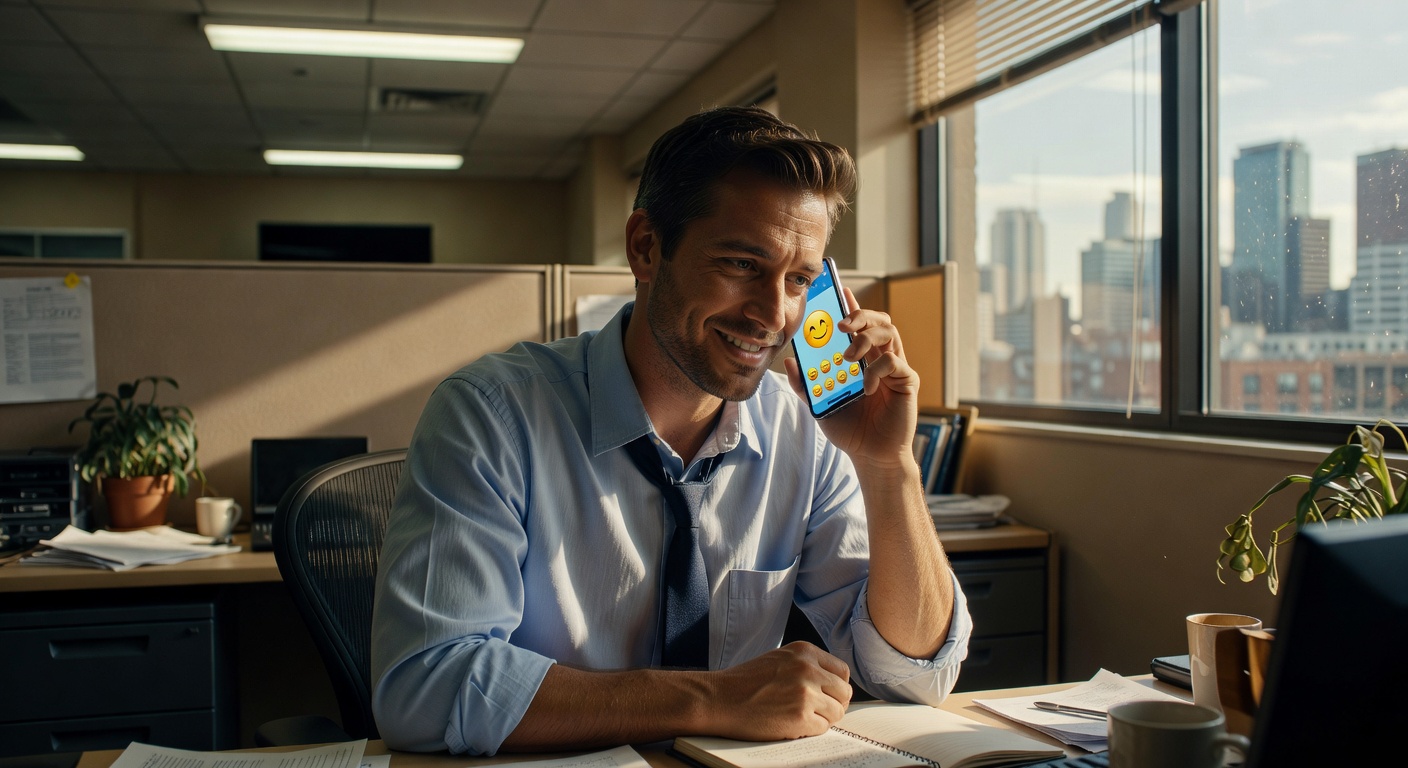 A customizable avatar selection screen on a sleek tablet held by a relaxed man on a balcony overlooking city skyline at sunset, intrigued and playful mood, golden hour lighting with vibrant orange hues and deep shadows