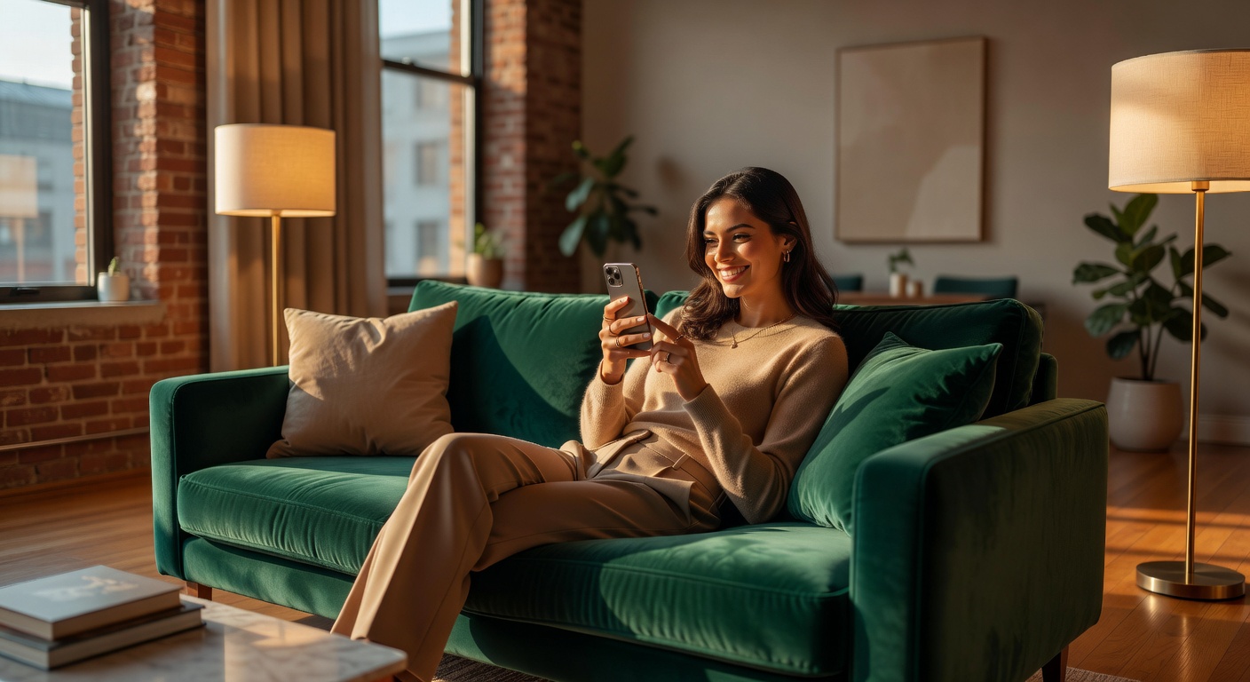 A vibrant collage of smartphones displaying chat interfaces with colorful character avatars, modern living room setting with scattered cushions and coffee mugs, playful and inviting mood, soft natural daylight filtering through windows, horizontal 16:9 composition
