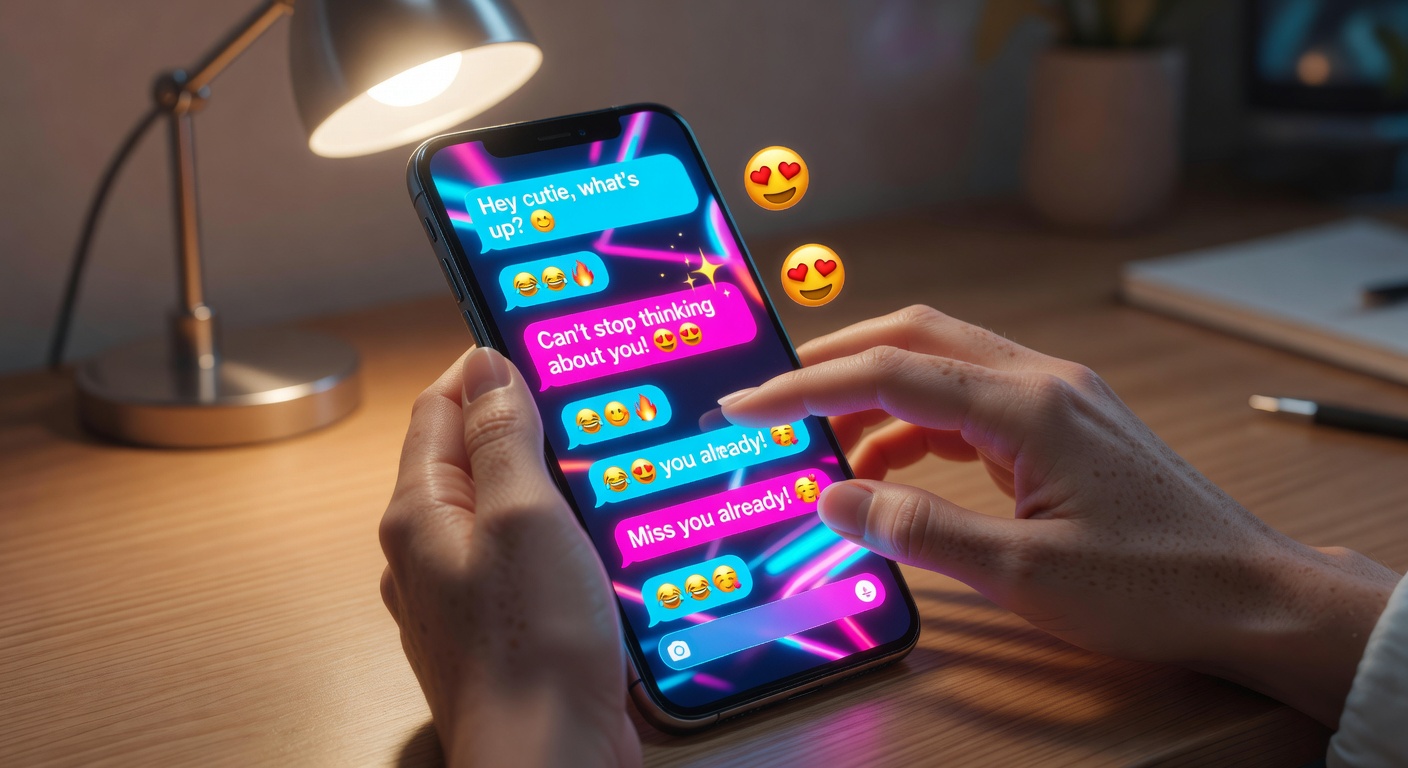 A beginner nervously holding a phone in a cozy living room, screen showing a chat app with a flirty message bubble, excited expression building confidence, soft natural daylight from window, motivational mood