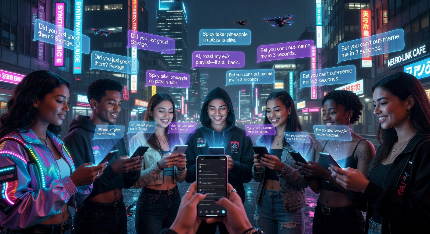 Gen Z teen in cozy hoodie staring intensely at smartphone screen, chat bubbles exploding with emojis and AI avatars, soft blue lighting