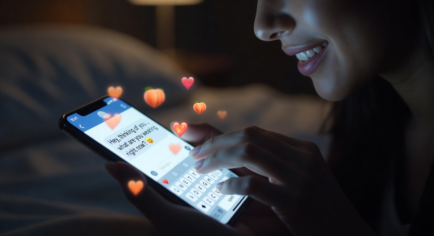A dimly lit bedroom scene with two smartphones glowing on a bed, screens showing heart emojis and blurred flirty texts, soft pink steam censoring intimate silhouettes in the background