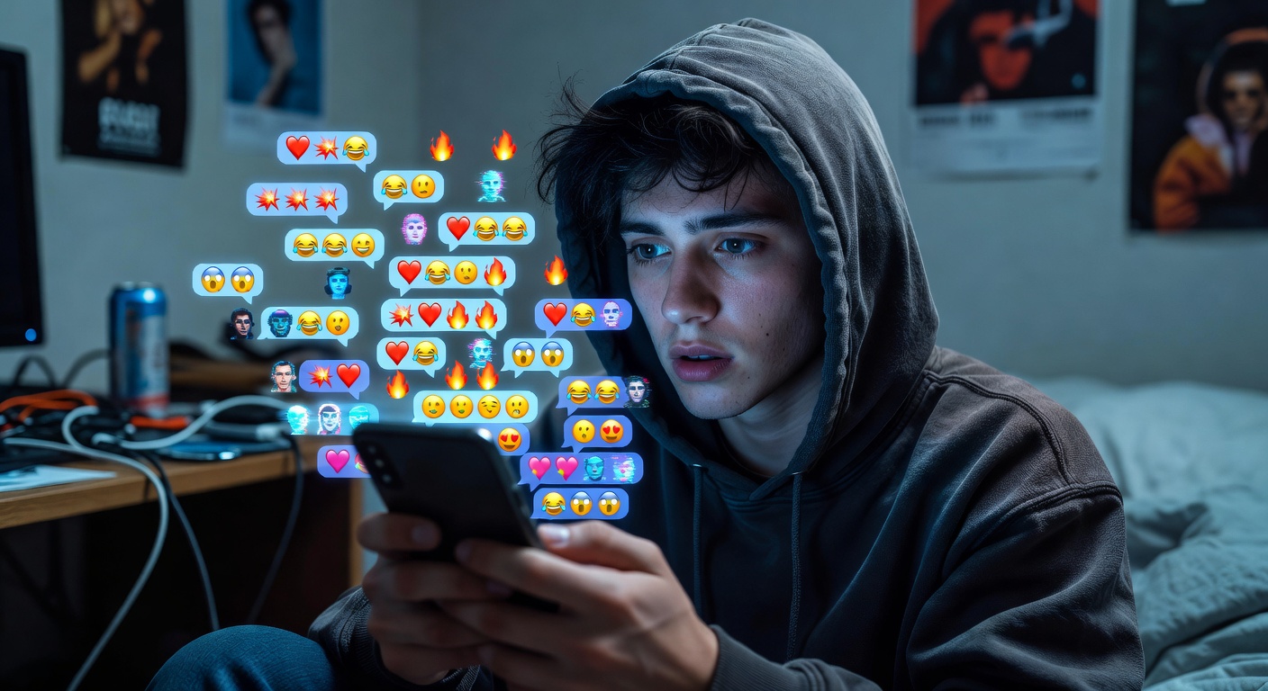 Vibrant digital collage of Gen Z young adults glued to glowing smartphones in dim rooms, social media icons floating around, futuristic 2026 neon aesthetic