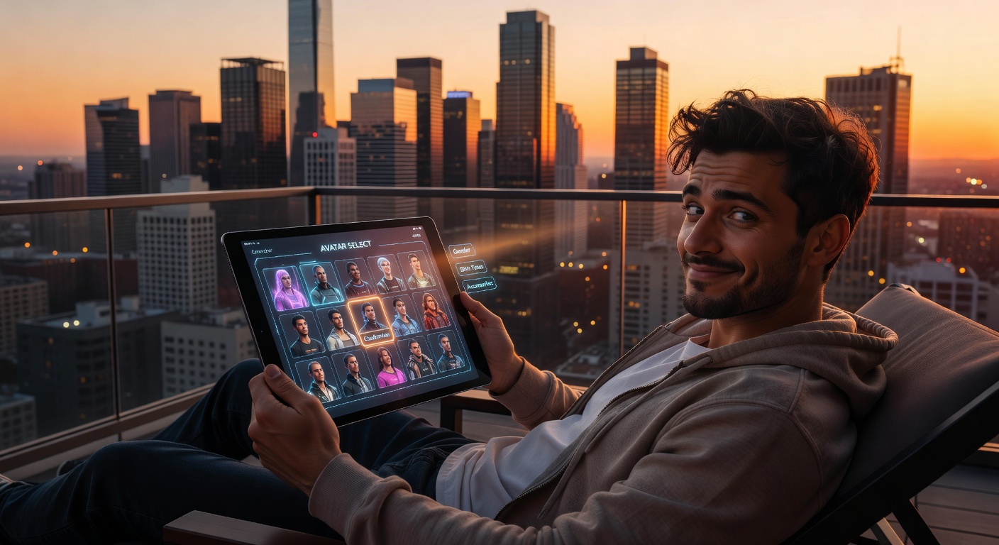 A young man in casual attire sitting at a wooden desk in a cozy home office at dusk, phone glowing with chat interface open, focused and content expression, warm desk lamp illumination with cool blue tones from window