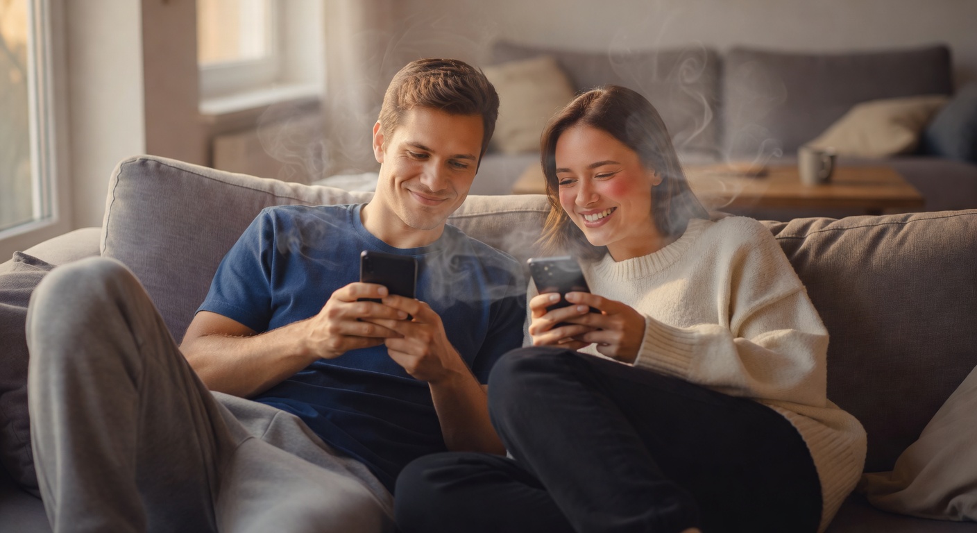 Close-up of a woman's hand typing a flirty message on a phone keyboard at night, screen glow illuminating her smile, with floating censored heart and peach emojis softly blurring suggestive content