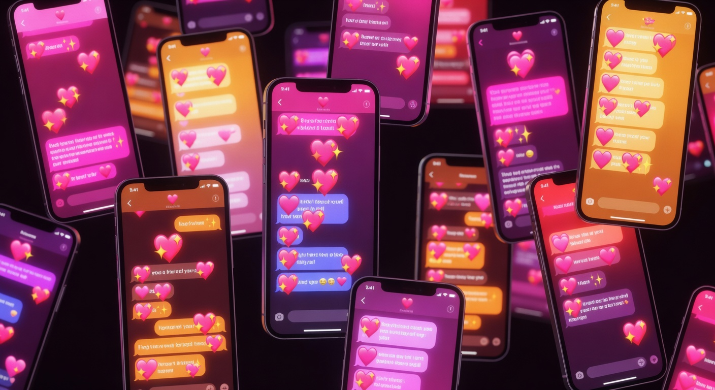 Split-screen of two phones side-by-side, one sending a tastefully blurred selfie with peach and flame emojis censoring curves, the other replying with winking emoji, neon glow effect
