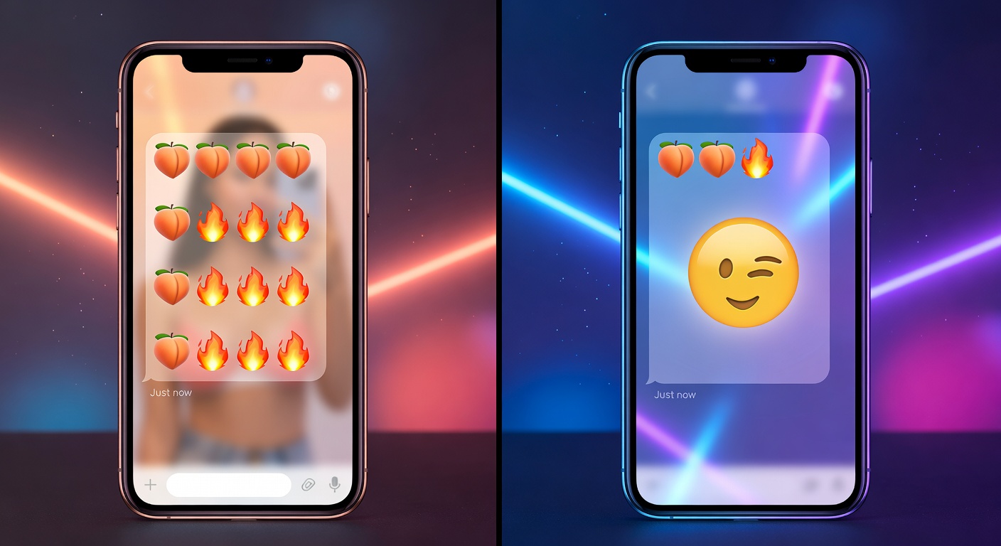 A playful couple lounging on a couch, phones in hand exchanging texts, with soft blur and steam effects censoring their excited expressions and implied intimate poses