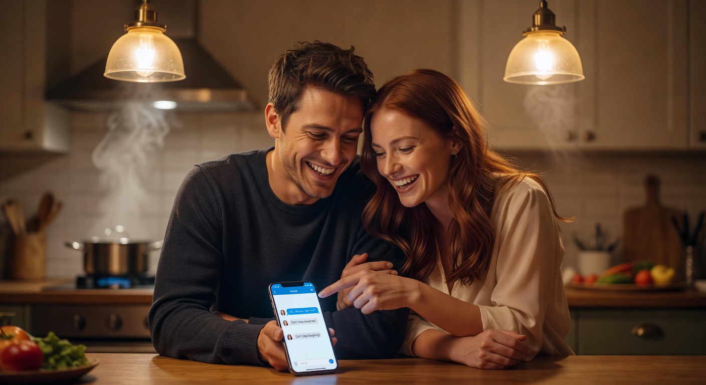 A stressed office worker in a high-rise cubicle during lunch break, unwinding with a phone chat showing smiley emojis, relieved and smiling mood, bright fluorescent overhead lights mixed with natural midday sun