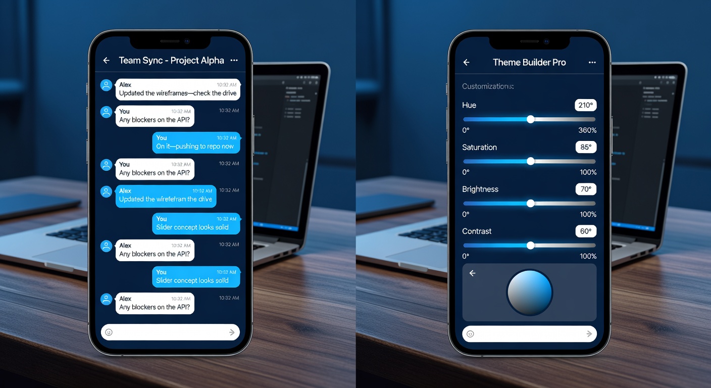 Close-up of a stylish smartphone screen showing a chat bubble conversation with romantic emojis, held in hand against blurred city skyline background at dusk, intimate and playful mood, warm neon glow from screen and ambient streetlights
