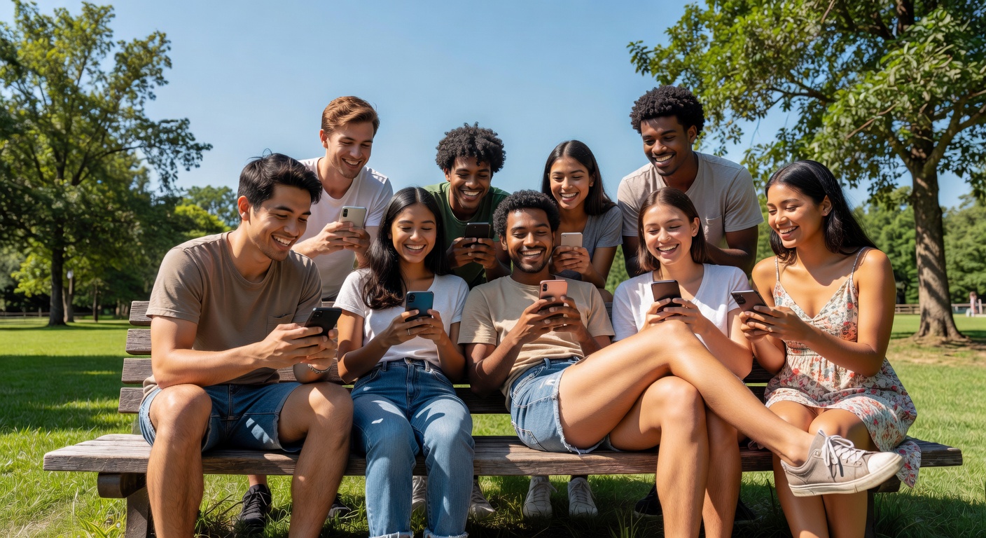 A sleek montage of smartphones displaying colorful chat interfaces with heart emojis and profile avatars, modern home office desk setup with coffee mug and notebook, excited and romantic mood, soft golden hour lighting filtering through window