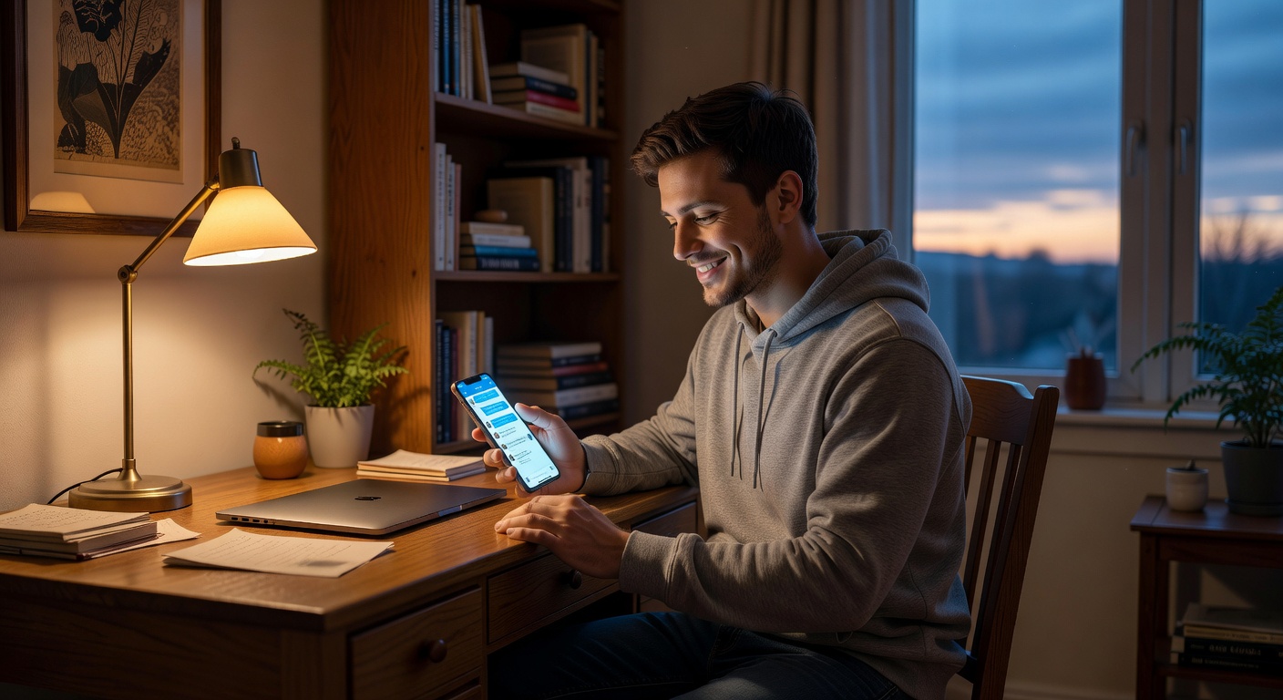 A happy couple lounging on a modern sofa in a sunlit living room, man smiling at his phone screen showing a chat bubble with heart emojis while wife relaxes nearby reading a book, cheerful and relaxed mood, natural daylight streaming through large windows with soft shadows