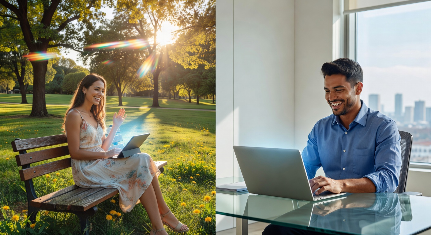 Close-up of a holographic AI companion avatar whispering sweetly into a user's ear via augmented reality glasses, futuristic bedroom with neon accents, romantic and mysterious mood, blue-purple ambient lighting with ethereal glow, wide angle 16:9