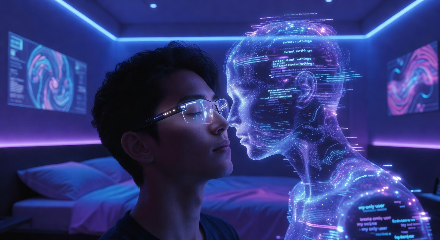 A sleek smartphone displaying a romantic AI chat interface with heart emojis and flirty messages, on a minimalist wooden desk beside a coffee mug, playful and seductive mood, soft morning sunlight filtering through blinds, high contrast with glowing screen